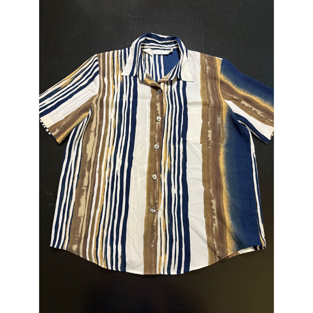 Vintage Kathy Che Striped Button Down Shirt Short Sleeve Blue Brown Size 14